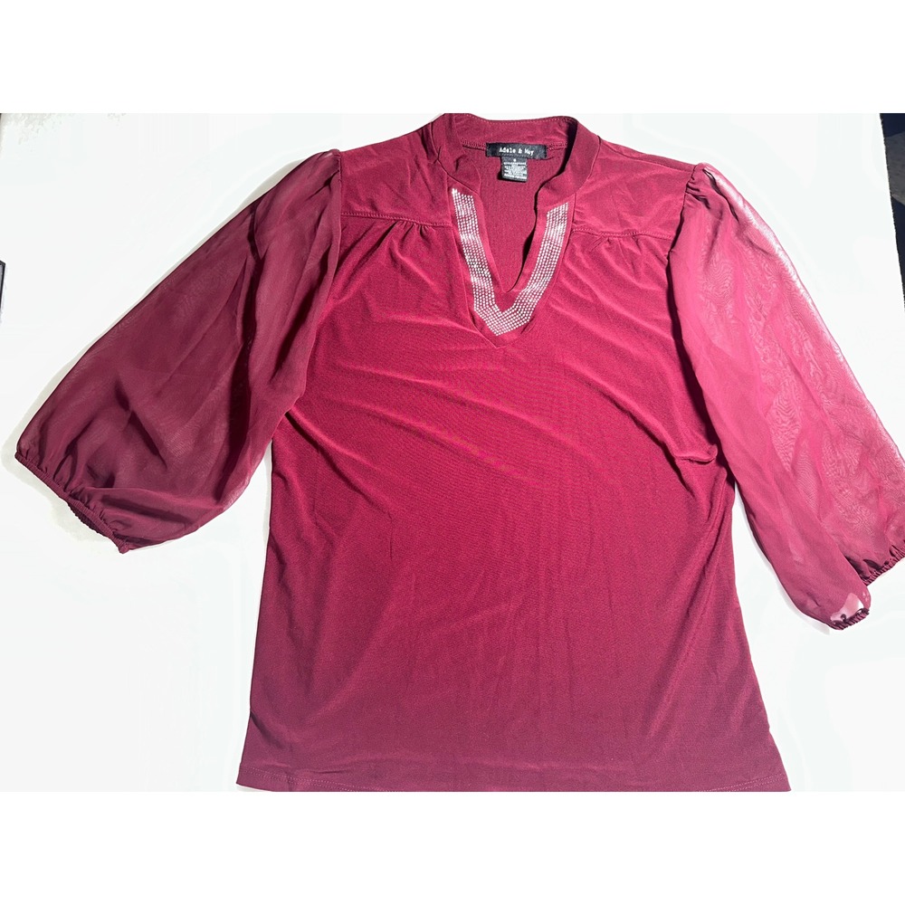 Adele & May Burgundy Rhinestone V-Neck Blouse Sheer Mesh Sleeve Top N24243 S